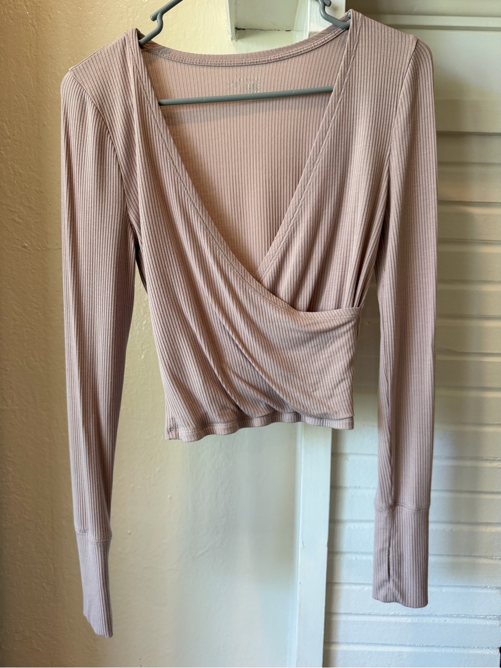 OFFLINE by Aerie XS Ribbed Wrap Front Long Sleeve Crop Top Mauve Pink
